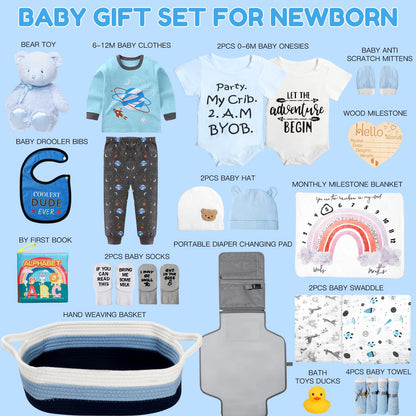 Baby Gift Set for Newborn, New Baby Boy Gift Basket, Newborn Essentials Hat Onesie Bear Toys Keepsake Blanket Infant Diaper Changing Pad Bibs, Baby Shower Gifts for Boys