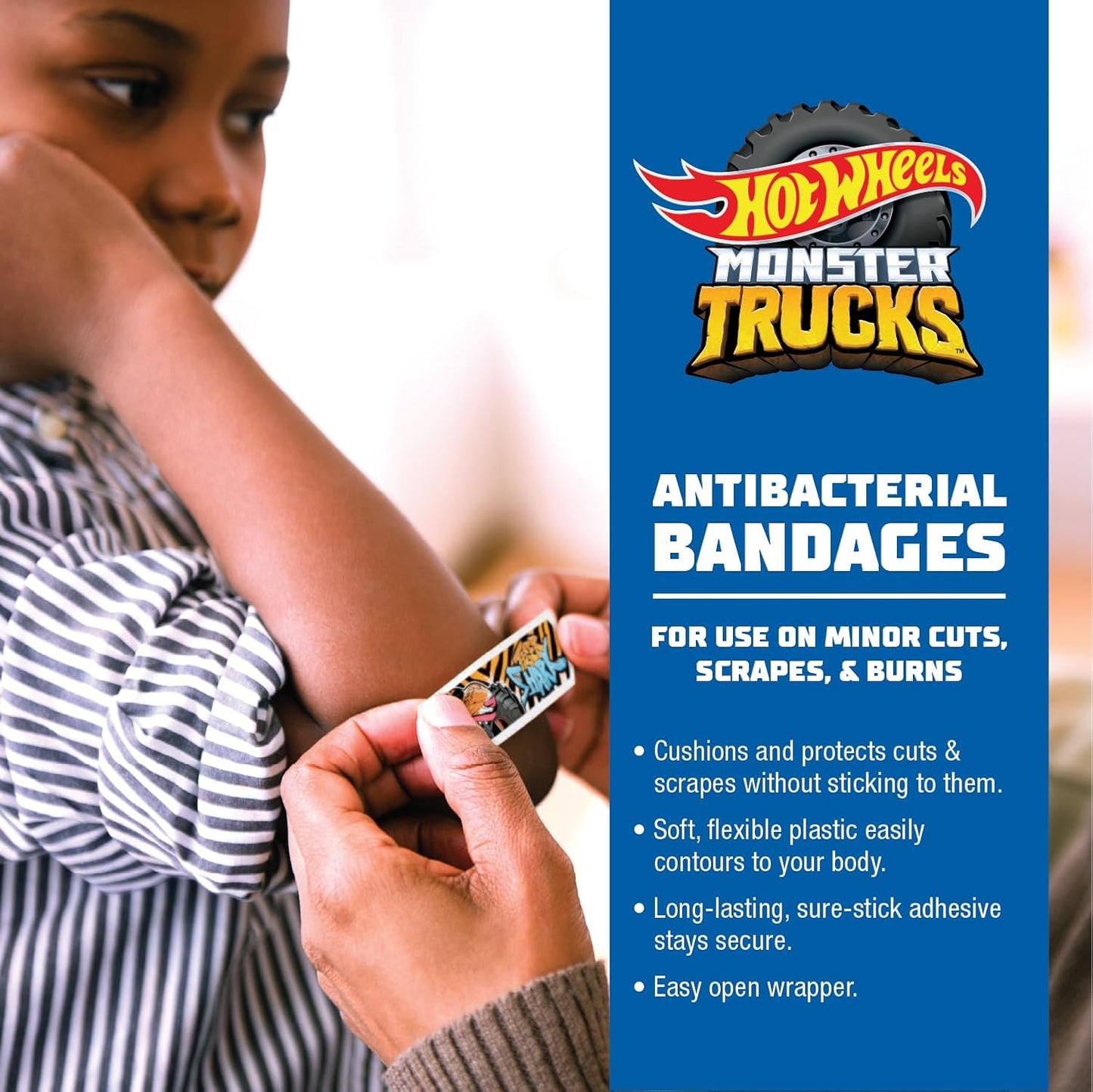 Hot Wheels Monster Trucks Antibacterial Kids Bandages, 3 Assorted Sizes 100 CT | Wear Like Stickers, Flexible Adhesive Bandages for Minor Cuts, Scrapes, and Burns. Great Gift idea for Kids