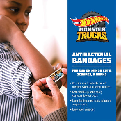 Hot Wheels Monster Trucks Antibacterial Kids Bandages, 3 Assorted Sizes 100 CT | Wear Like Stickers, Flexible Adhesive Bandages for Minor Cuts, Scrapes, and Burns. Great Gift idea for Kids
