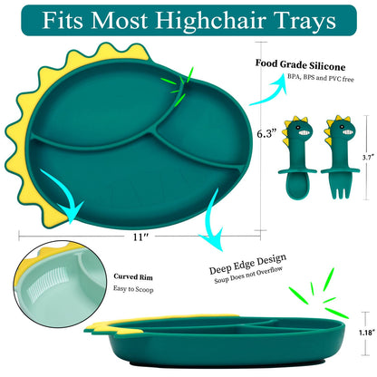 Silicone Suction Plates for Baby Toddler with Spoon Fork set Divided Dinosaurs Plates Self Feeding Training Baby Dinner Plate-Green Dinosaurs Plate Set