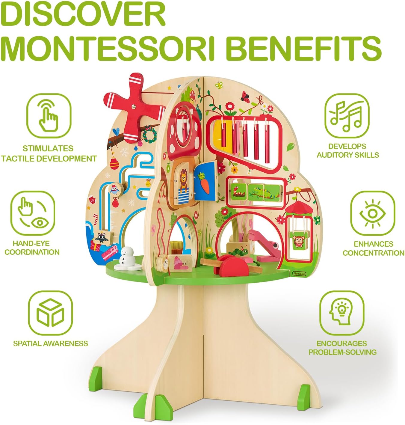 Monläurd® Wooden Tree Activity Center, Activity Center for Baby, Sensory Table for Toddlers 1-3, Activity Cube, Activity Table, Daycare Furniture, Daycare Essentials, Montessori Busy Board