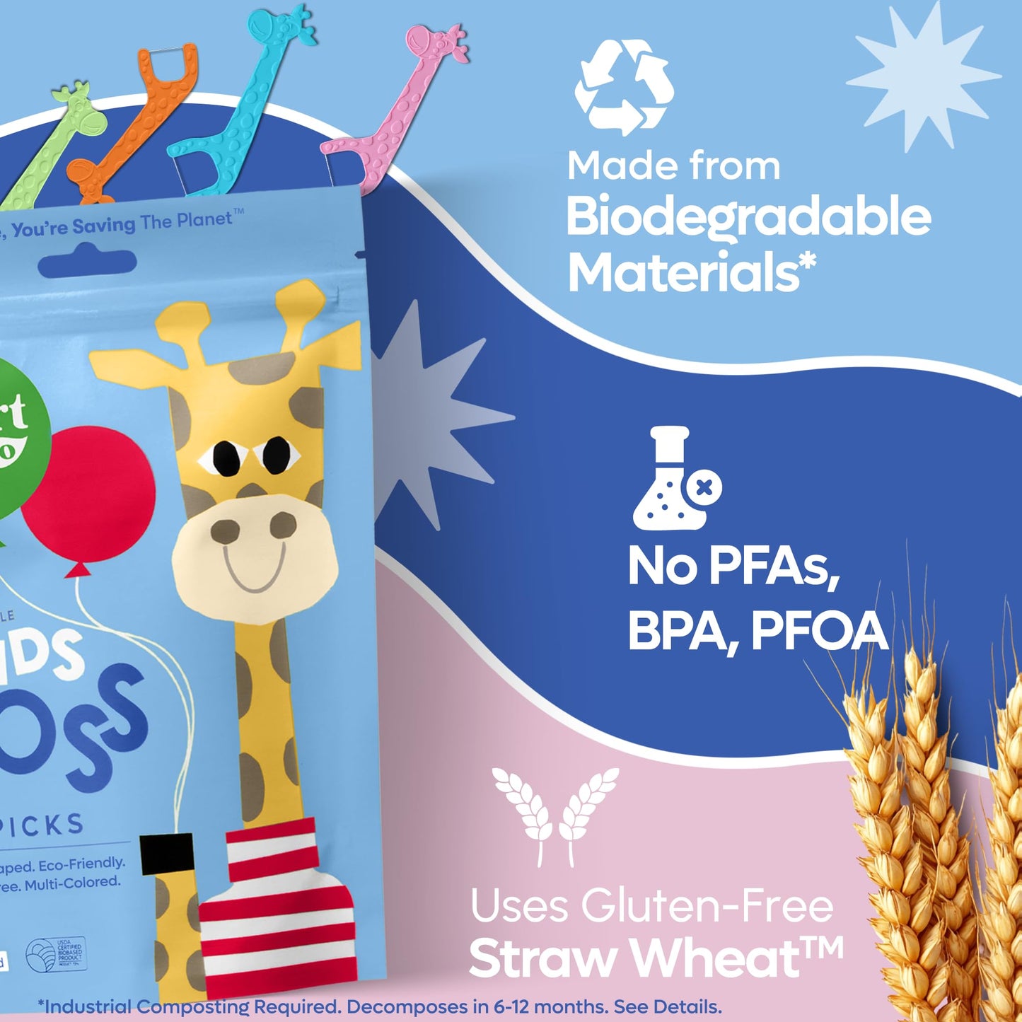SmartLifeco Biodegradable* Kids Flossers - Unflavored Dental Floss Picks for Children, Fluoride & PFA Free, Straw Wheat Fun Animal Flossing Sticks for Toddlers Teeth, Eco Friendly Compostable*, 200x
