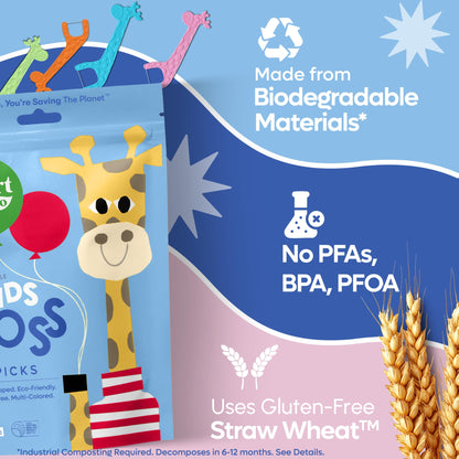 SmartLifeco Biodegradable* Kids Flossers - Unflavored Dental Floss Picks for Children, Fluoride & PFA Free, Straw Wheat Fun Animal Flossing Sticks for Toddlers Teeth, Eco Friendly Compostable*, 200x