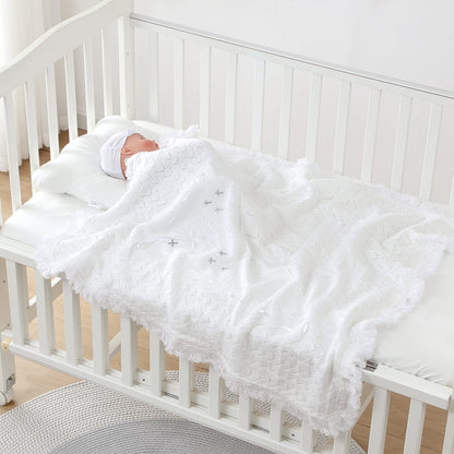 Booulfi Knit White Baby Blankets Neutral,Crib Stroller Newborn Blankets for Boys Girls,Cotton Lace Crochet Winter Blanket Nursery Blanket New Baby Essentials, 38X39