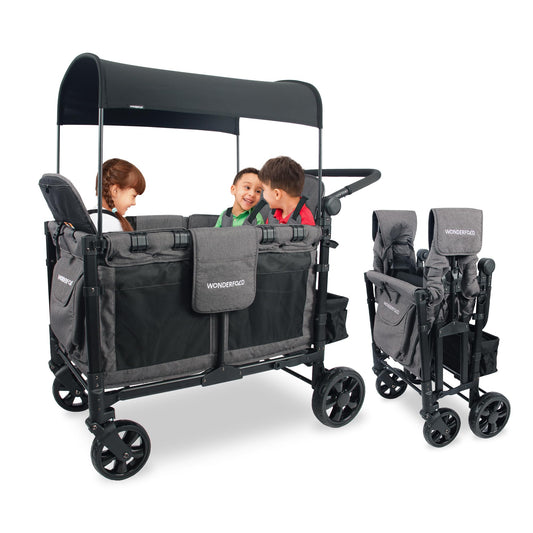 WONDERFOLD W4 Original Stroller Wagon (4 Seater) - Collapsible Wagon Stroller with Seats with 5-Point Harnesses, Easy Access Zipper Door, and Removable Sun Canopy, Black