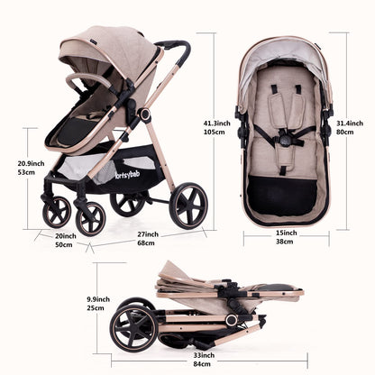 2-in-1 Baby Stroller with Bassinet Mode - Folding Infant Newborn Pram Stroller with Reversible Seat - Toddler Strollers for 0-36 Months Old Babies (Beige)