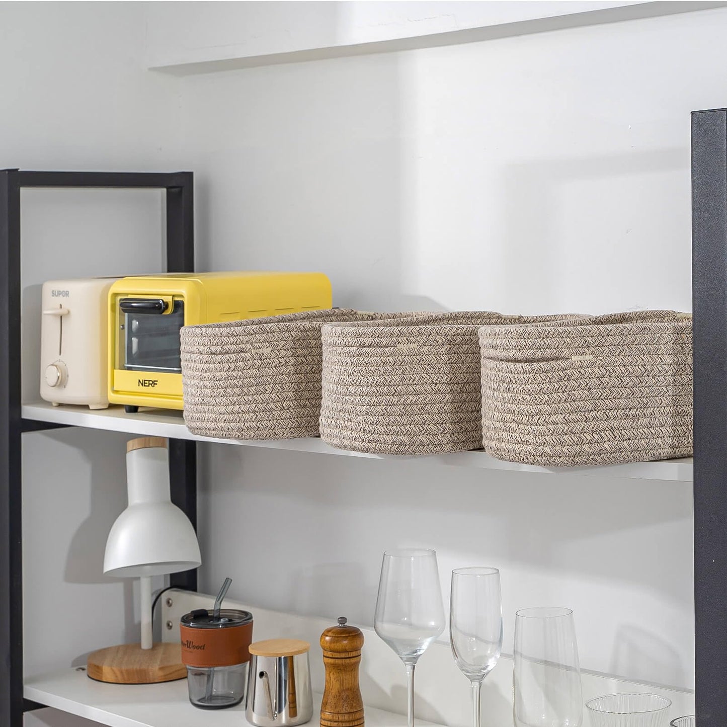 CubesLand Off White Small Storage Baskets for Shelves, Closet Organization Storage Bins Empty Gift Basket Baby Nursery Woven Baskets for Organizing, Rectangular Clothes Closet Shelves Baskets 3 Packs