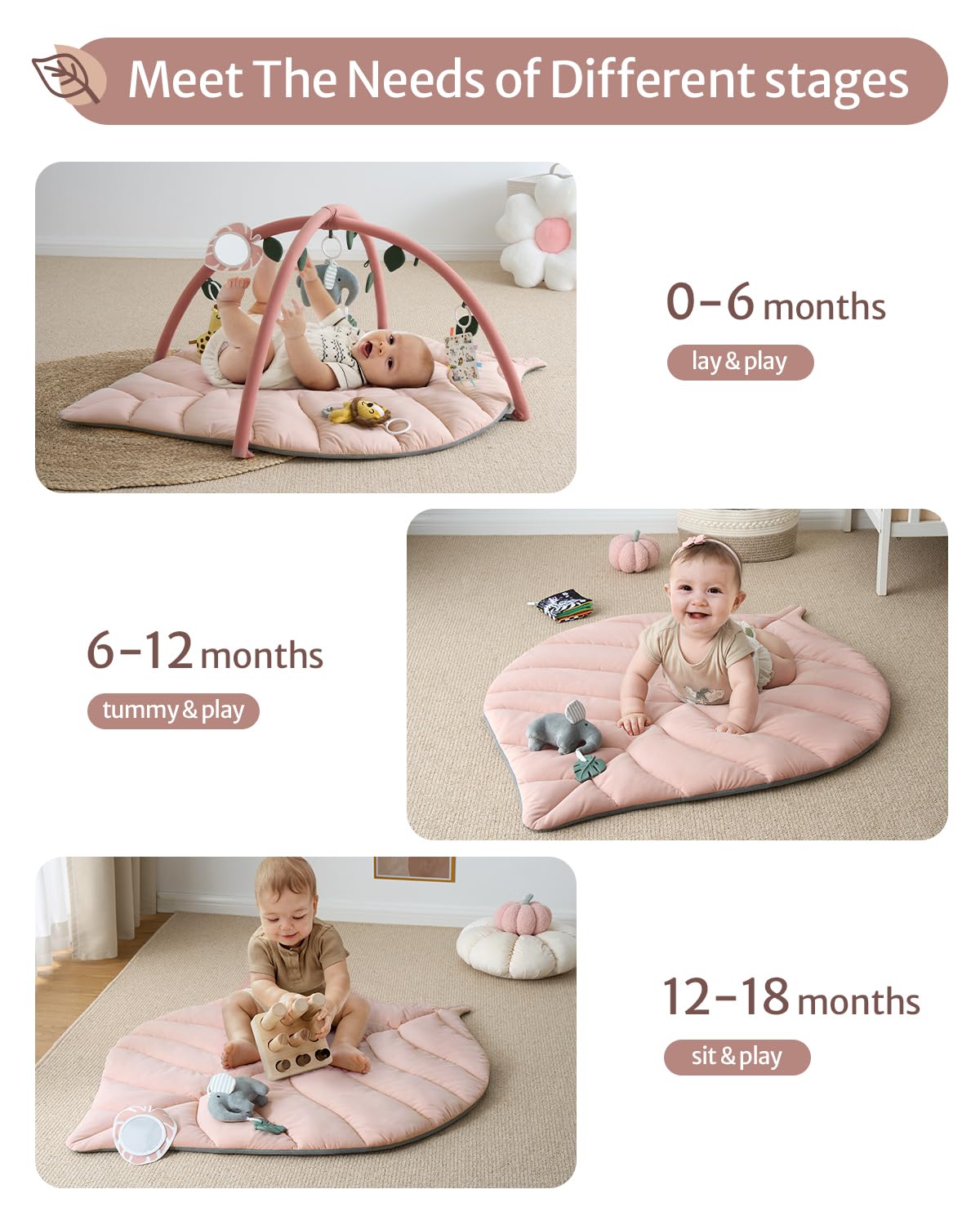 Blissful Diary Baby Play Gym & Activity Mat, Oversize Leaf Shaped Baby Play Mat w 6 Detachable Toys, Tummy Time Mat Promote Motor Skills & Sensory Development Mat, Newborn Infant Baby Essentials Gift