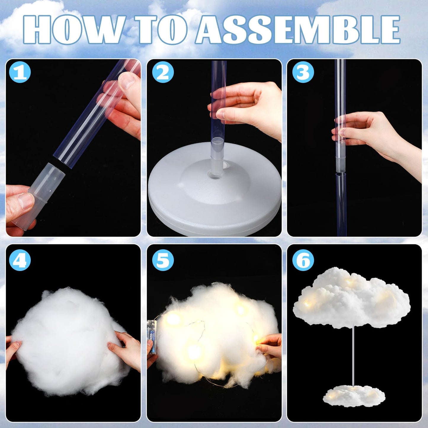 Wettarn 6 Set Cloud 3D Cloud LED DIY Lights Baby Shower Cloud Table Decor Hanging Cloud for Ceiling LED Cloud Kit Fake Cloud Ornament Artificial Cotton Cloud Prop for Wedding Bridal Party Room Decor
