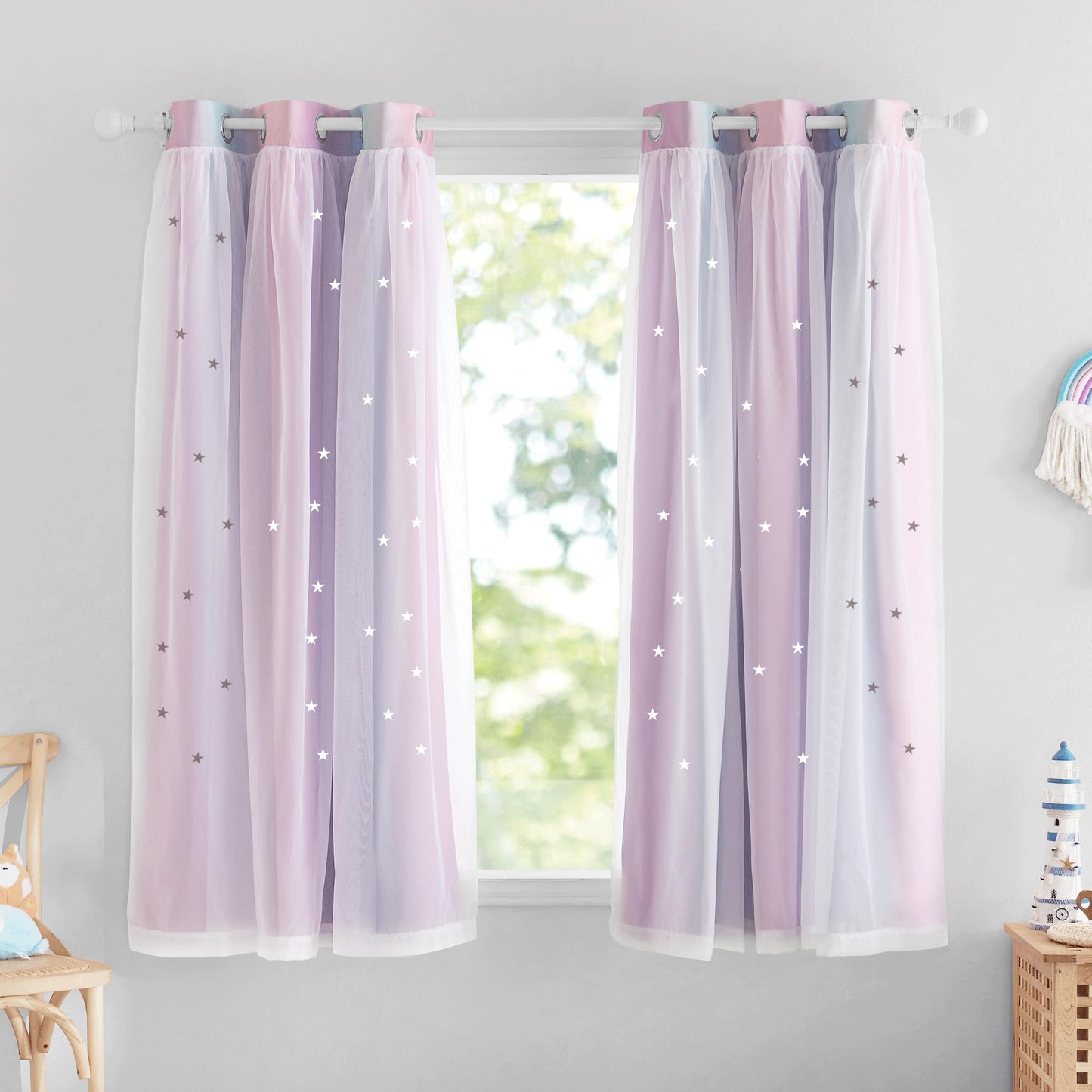 NICETOWN Nursery Curtains for Kids, Farmhouse Blackout Curtain Panels for Bedroom, Double Layer Star Hollow-Out Grommet Aesthetic Living Room Toddler Window Curtains, 2 Pcs, W52 x L84, Biscotti Beige