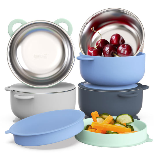 Baby Suction Bowls with Lids 4-Pack, 2-in-1 Stainless Steel 304 Toddler Bowl & Removable Silicone Suction Kids Bowl Plate Set Non Toxic Snack Dishes for Self-Feeding, Sunrise Meadow