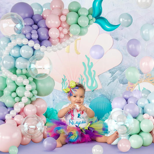 CROSSFINGERS Mermaid Balloon Garland Arch Kit,145pcs Purple Pastel Pink light Blue Balloons with Mermaid Tails Foil Balloons for Birthday Gender Reveal Baby Shower Ocean Themed Party Decorations