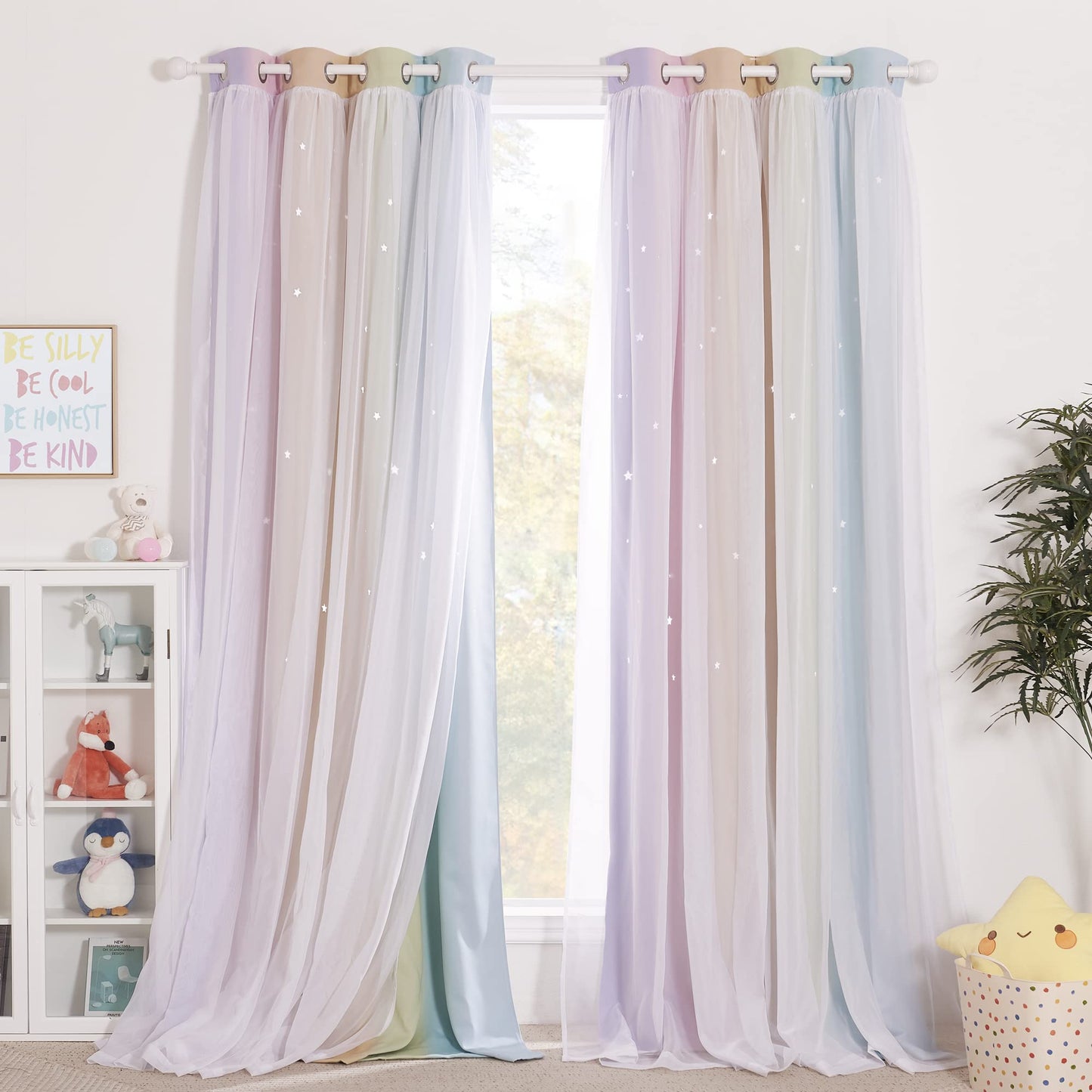 NICETOWN Nursery Curtains for Kids, Farmhouse Blackout Curtain Panels for Bedroom, Double Layer Star Hollow-Out Grommet Aesthetic Living Room Toddler Window Curtains, 2 Pcs, W52 x L84, Biscotti Beige