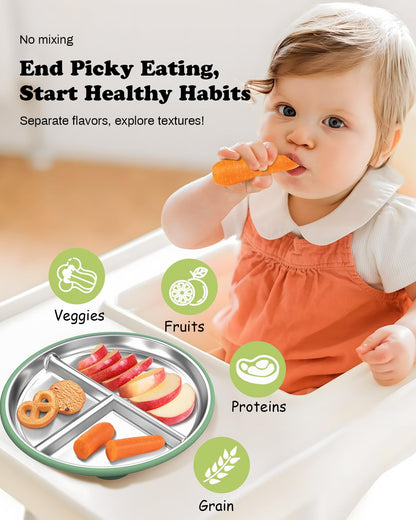 Stainless Steel Baby Plate with Suction, 9” Divided Toddler Plates with Removable Silicone Sleeves for Kids, Non-Toxic Non-Slip Unbreakable Dishwasher Safe Dinnerware Set of 2, Pink & Beige