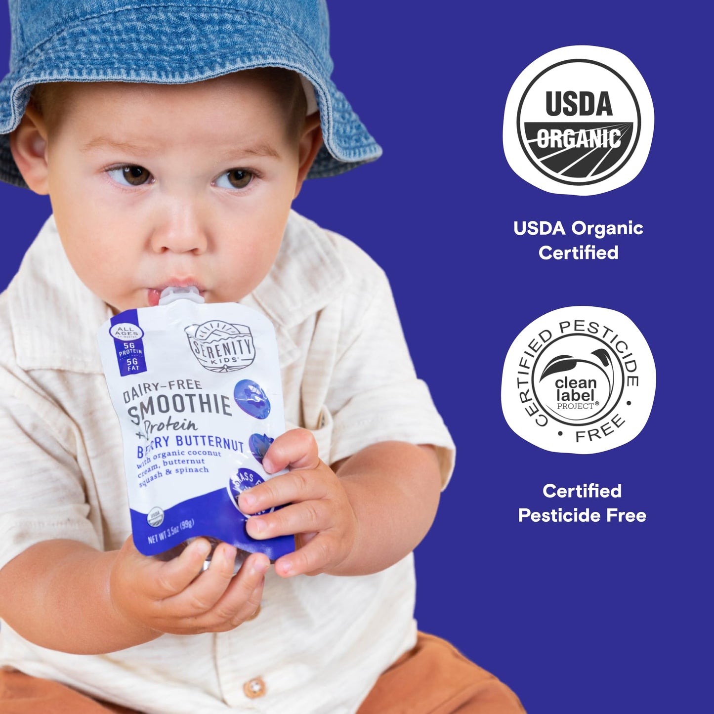 Serenity Kids 6+ Months Dairy-Free Smoothie Baby Food | USDA Organic | Grass Fed Collagen Protein | 3.5 Ounce BPA-Free Pouch | Berry Butternut | 12 Count