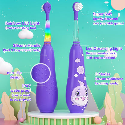 SEAGO Kids Electric Toothbrushes Rechargeable, Toddler Electric Toothbrush with Magnetic Charging, LED Observing Light, 8 Toothbrush Heads for Ages 2-4-6 Boys Girls (Pink)
