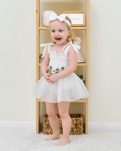 Renotemy Baby Girl Tulle Dress Sleeveless Romper Smocked Halter 1st Birthday Clothes Cake Smash Outfits with Flower Headband