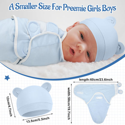 Buryeah 4 Pack Preemie Swaddle Blanket Wrap Set with Hat for Baby Boys Girls 3-7 Lbs Preemie Newborn Clothes Sleepers Cap