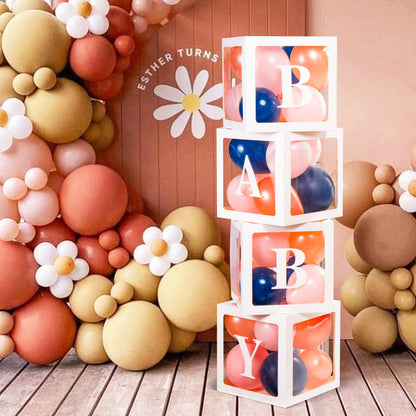 Baby Boxes with Letters for Baby Shower Decorations, Gender Reveal with 4 Pastel Balloon Boxes