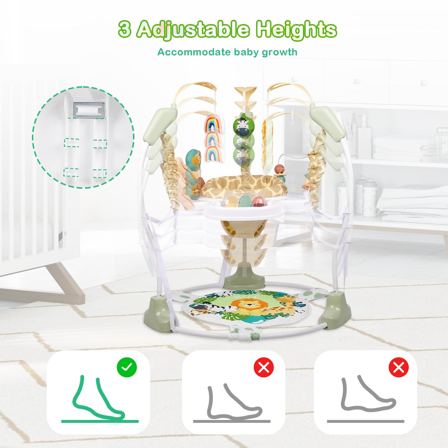 Baby Activity Center, Infant Jumpers and Bouncers with Music, Lights, Infant Toys, 360°Rotating Seat, 3 Adjustable Heights, Baby Play and Learning Center for 6+ Months