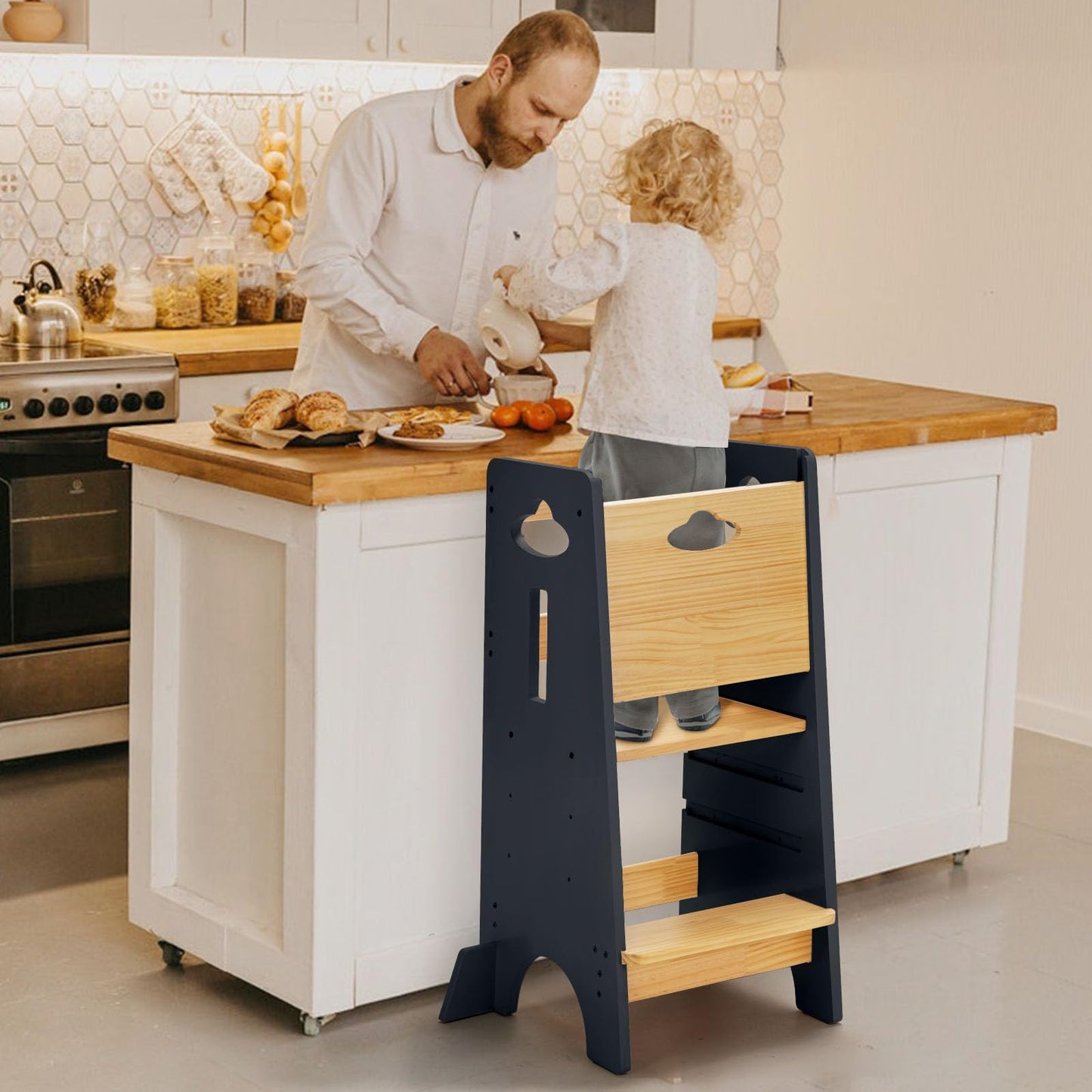 COSYLAND Toddler Standing Tower Adjustable Height - Super Stable Kids Kitchen Stool Helper - 3 Levels Adjustable Wooden Toddler Kitchen Stool (Natural & Navy Blue)