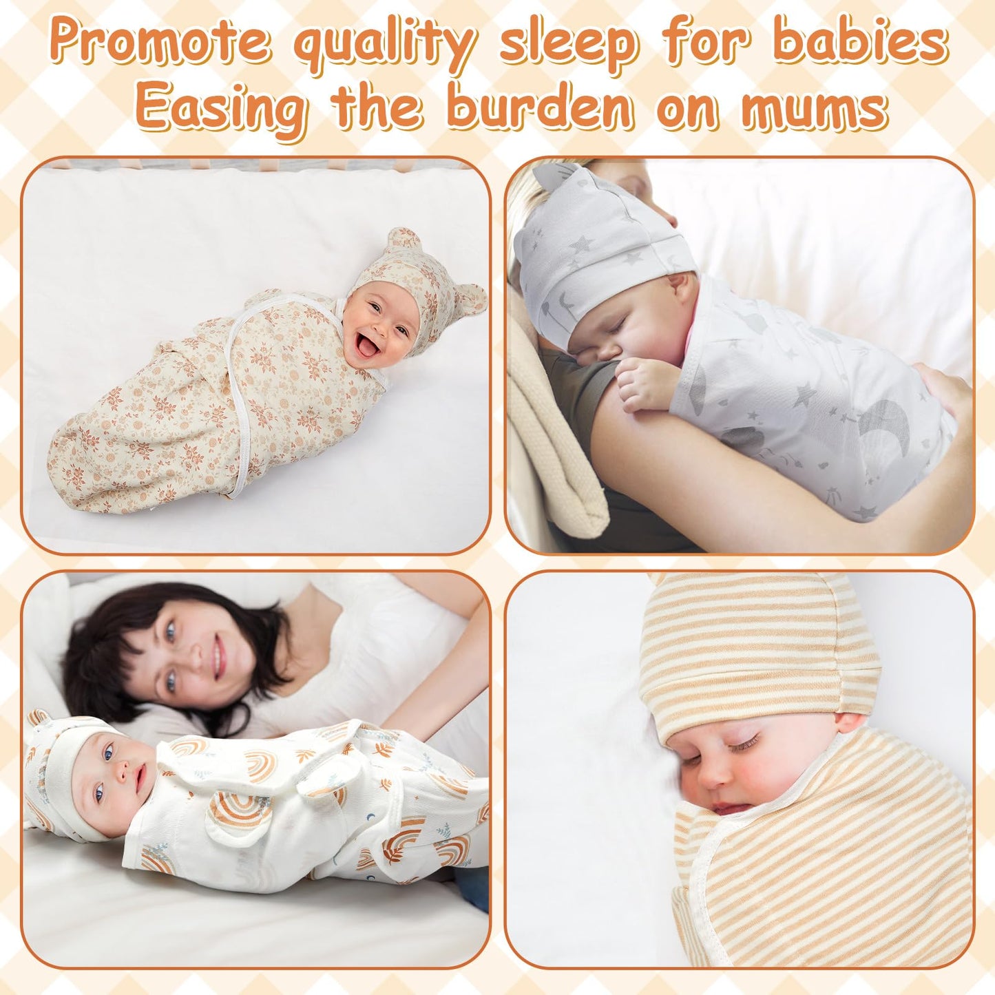 Ramede 6 Pack Baby Swaddle Blanket with Hats Sleep Swaddle for 0-3 Months Newborn Sacks Soft Cotton Wearable for Boy Girl