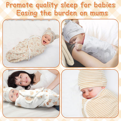 Ramede 6 Pack Baby Swaddle Blanket with Hats Sleep Swaddle for 0-3 Months Newborn Sacks Soft Cotton Wearable for Boy Girl