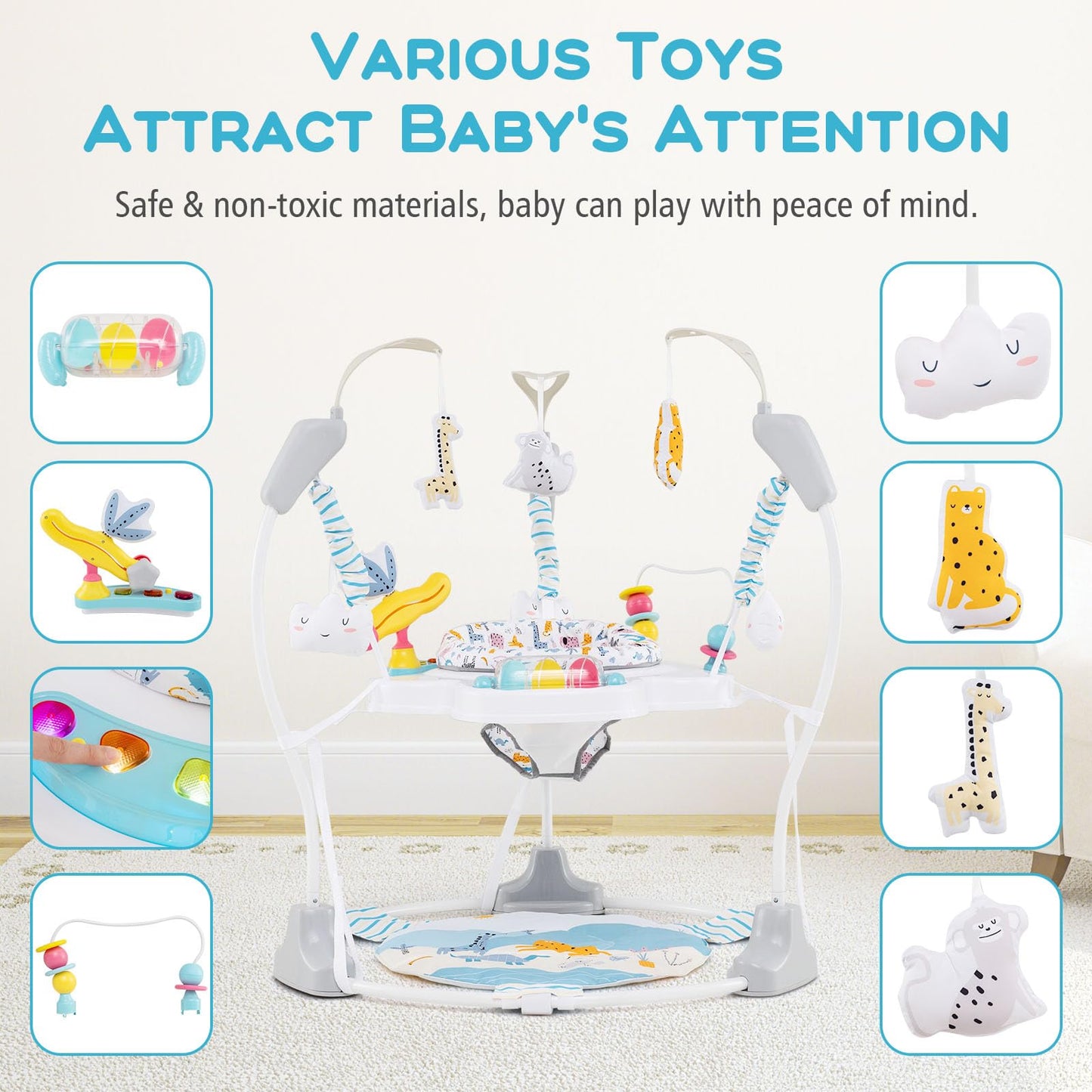 INFANS Baby Activity Center, 3 in 1 Play Center Jumpers and Bouncers with Music, Lights, Interactive Toys, 360°Rotating Seat, 3 Adjustable Heights, Exersaucer Learning Toys for Baby 6-12 Months (Blue)