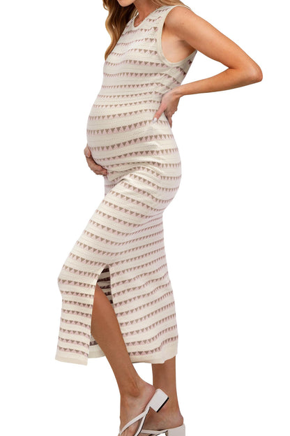 OUGES Women's 2025 Summer Maternity Dress Knit Sleeveless Crewneck Midi Dress Side Slit Striped Bodycon Sweater Dress
