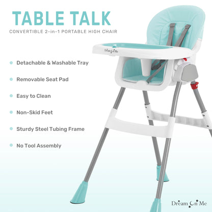 Dream On Me Portable 2-in-1 Tabletalk High Chair, Convertible Compact High Chair, Light Weight Portable Highchair, Grey