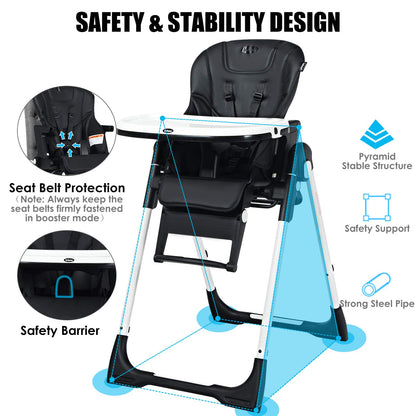 INFANS High Chair for Babies & Toddlers, Foldable Highchair with Multiple Adjustable Backrest, Footrest and Seat Height, Removable Tray, Detachable PU Leather Cushion, Built-in Rear Wheels (Black)