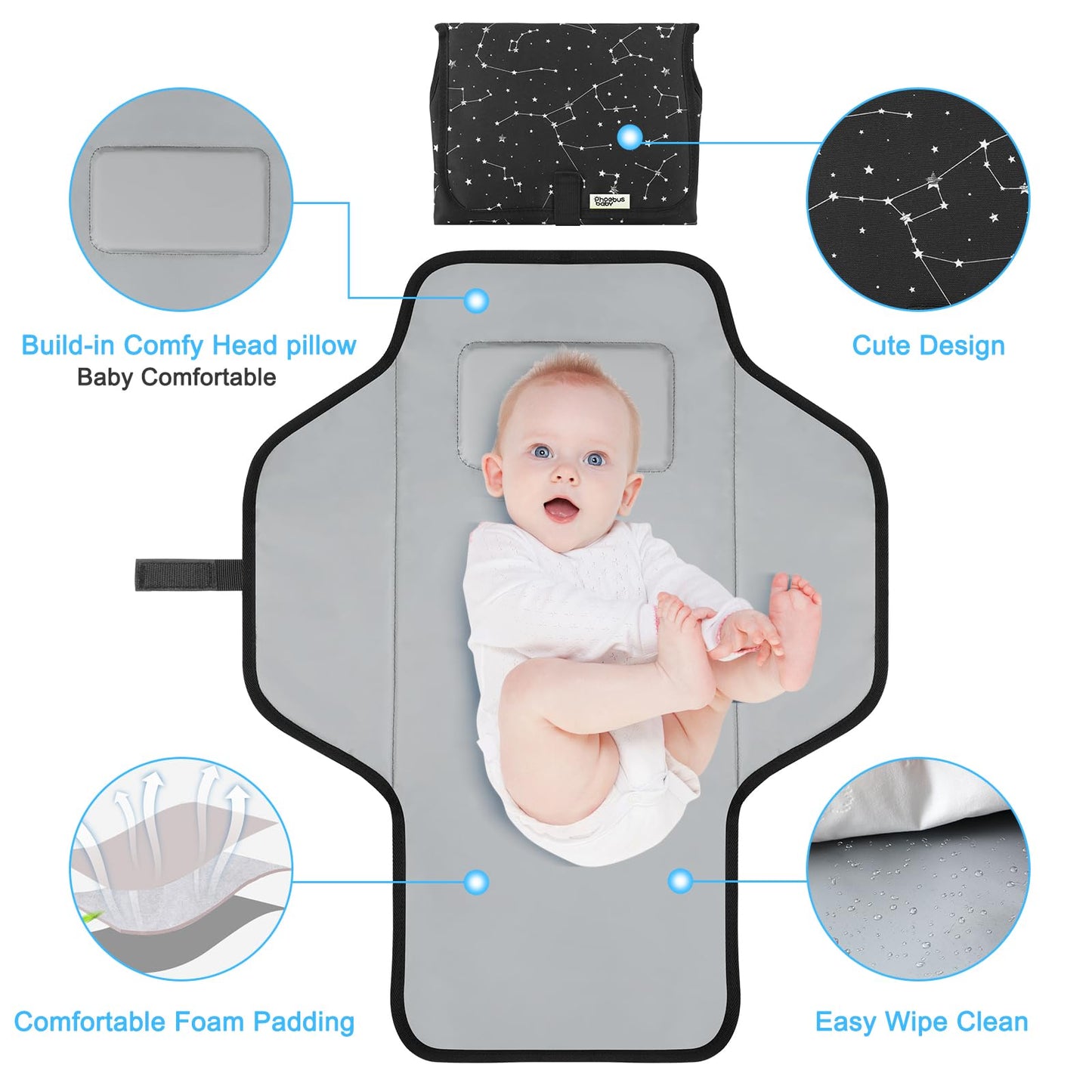 Baby Portable Changing Pad Travel - Waterproof Compact Diaper Changing Mat with Built-in Pillow - Lightweight & Foldable Changing Station, Newborn Shower Gifts
