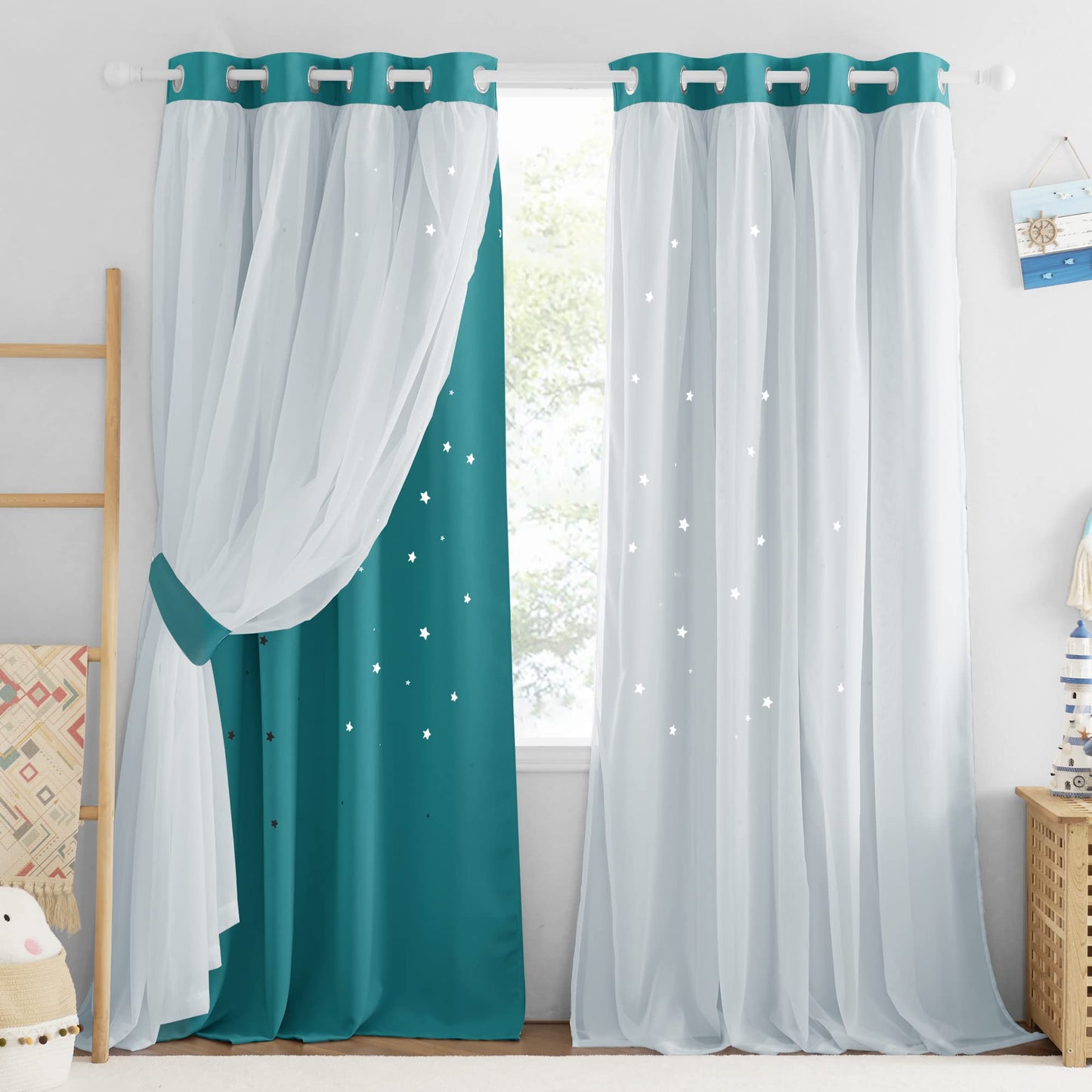 NICETOWN Nursery Curtains for Kids, Farmhouse Blackout Curtain Panels for Bedroom, Double Layer Star Hollow-Out Grommet Aesthetic Living Room Toddler Window Curtains, 2 Pcs, W52 x L84, Biscotti Beige