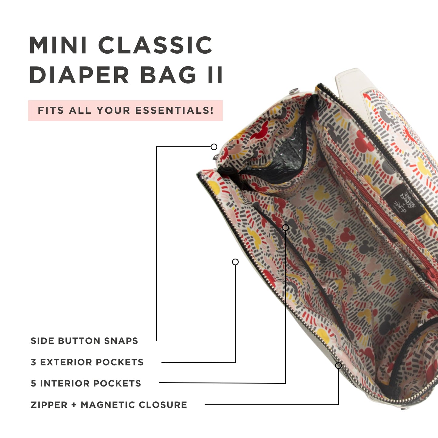 Freshly Picked Classic Mini II Diaper Bag Backpack, Wipeable Vegan Leather Disney, 8 Pockets (Mickey Mania)