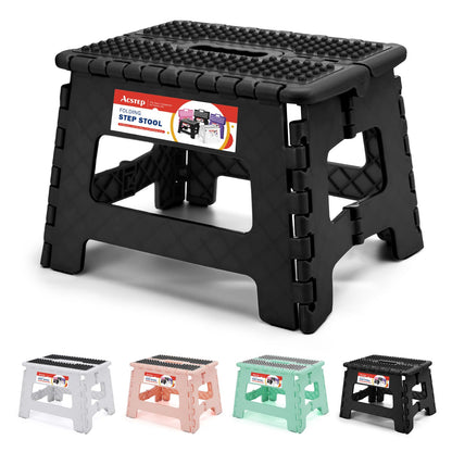 ACSTEP Folding Step Stool 9'' Tall Kids Step Stool Holds Up to 300 lb Plastic Foldable Step Stools for Kids Non-Slip Surface with Carry Handle Collapsible Stool for Home, Outdoor and Indoor(Black)