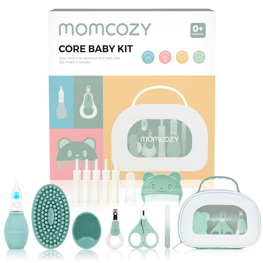 Momcozy Elite Baby Kit, Superior Baby Shower&Registry Essential Kit for Grooming & Health & Cleansing Care, Electric Nail File&Nasal Aspirator, Tummy Wrap, Thermometer, Bath Brush,Teether, Storage Bag