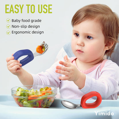 Toddler Utensils - Baby Forks and Spoons Set - Kids Stainless Steel Silverware - Children Safe - Self Feeding - Dishwasher Safe (Orange + Green)