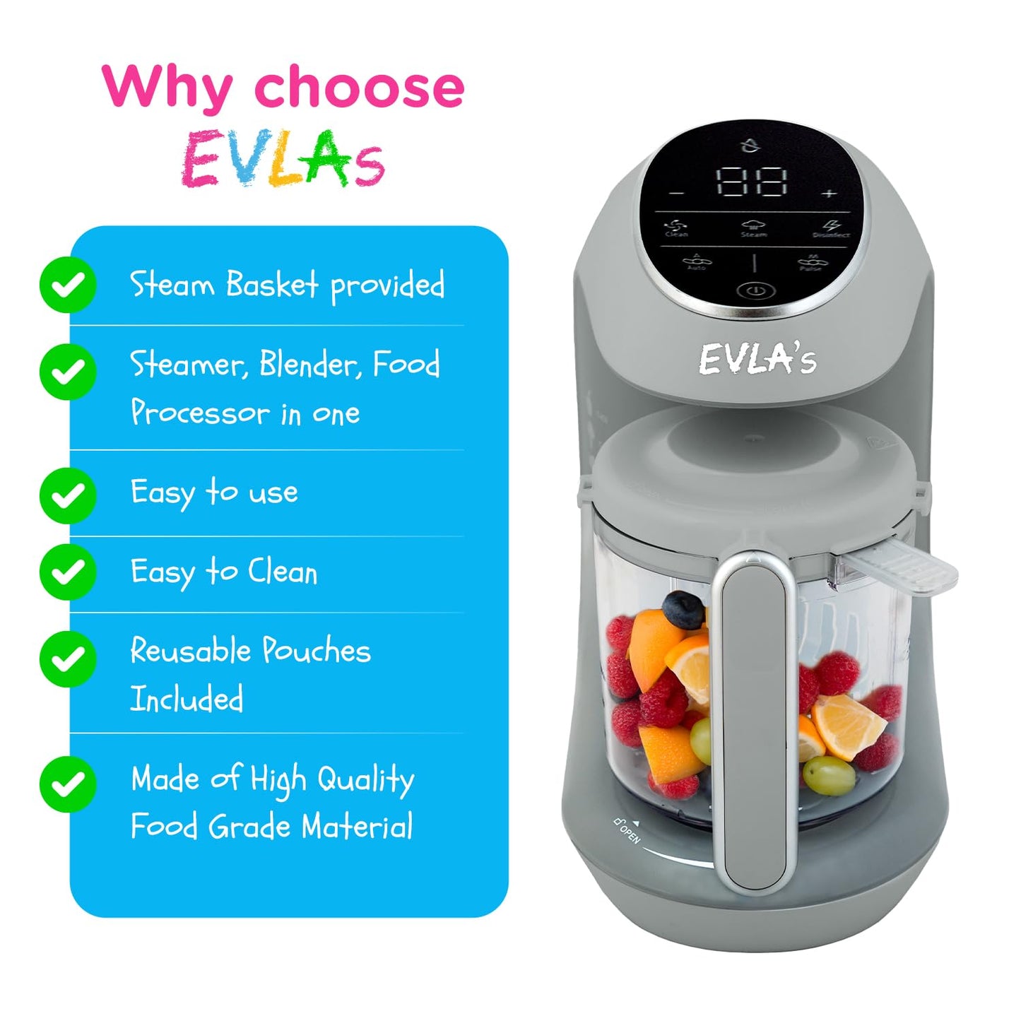 EVLA'S Baby Food Maker, Steamer, Blender, Baby Food Processor for Healthy Homemade Baby Food in Minutes, Touch Screen with 6 Reusable Food Pouches, Baby Registry Essential, White