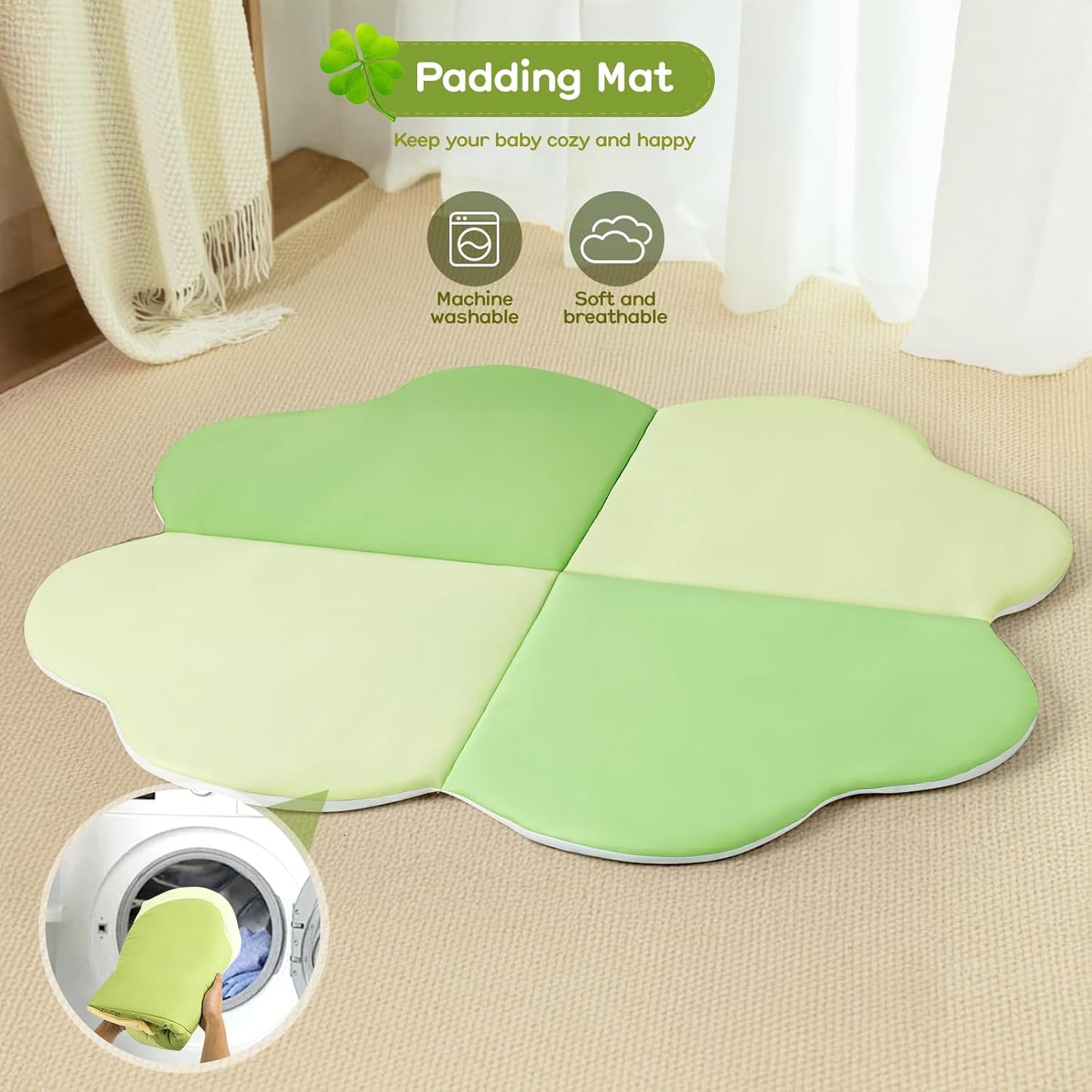 Baby Play Mat, Tummy Time Mat for Sensory Development, 4-Leaf Clover Baby Play Mat & Gym with 9 Detachable Toys, Portable & Easy to Clean, 0-9+ Months