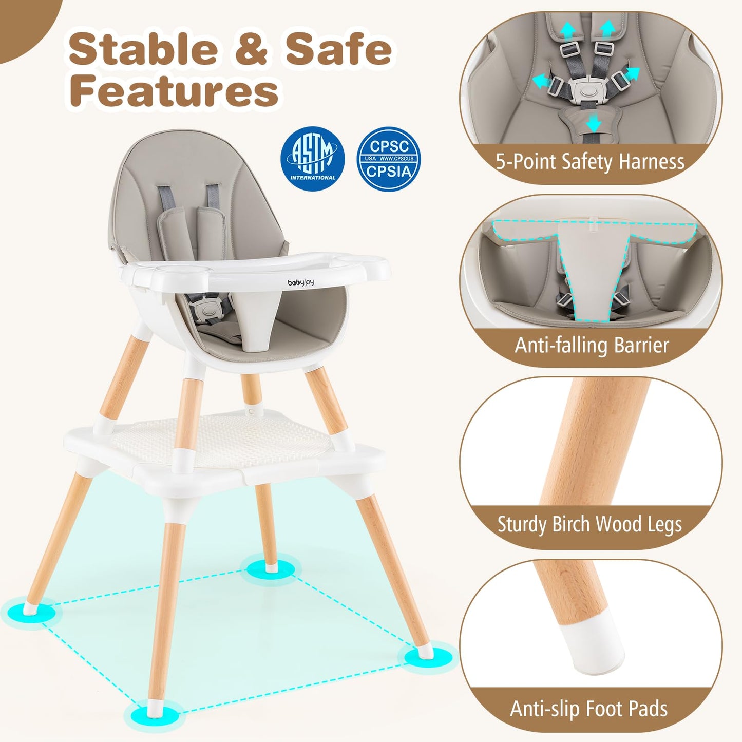 BABY JOY 6 in 1 High Chair, Convertible High Chairs for Babies and Toddlers/Booster Seat/Table and Chair Set, Infant Wooden Highchair w/ 5-Point Harness, 4-Position Removable Tray & PU Cushion, Coffee