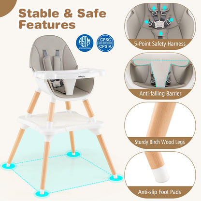 BABY JOY 6 in 1 High Chair, Convertible High Chairs for Babies and Toddlers/Booster Seat/Table and Chair Set, Infant Wooden Highchair w/ 5-Point Harness, 4-Position Removable Tray & PU Cushion, Coffee