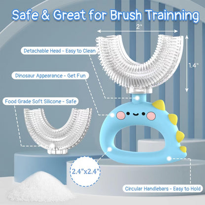 U Shaped Toothbrush - for Kids, Manual Whole Mouth Toddler Toothbrush Age 2-4 5 6 & up, Food Grade Soft Silicone Brush, 360° Oral Teeth Cleaning, Good for Dental Health, 2 Blue