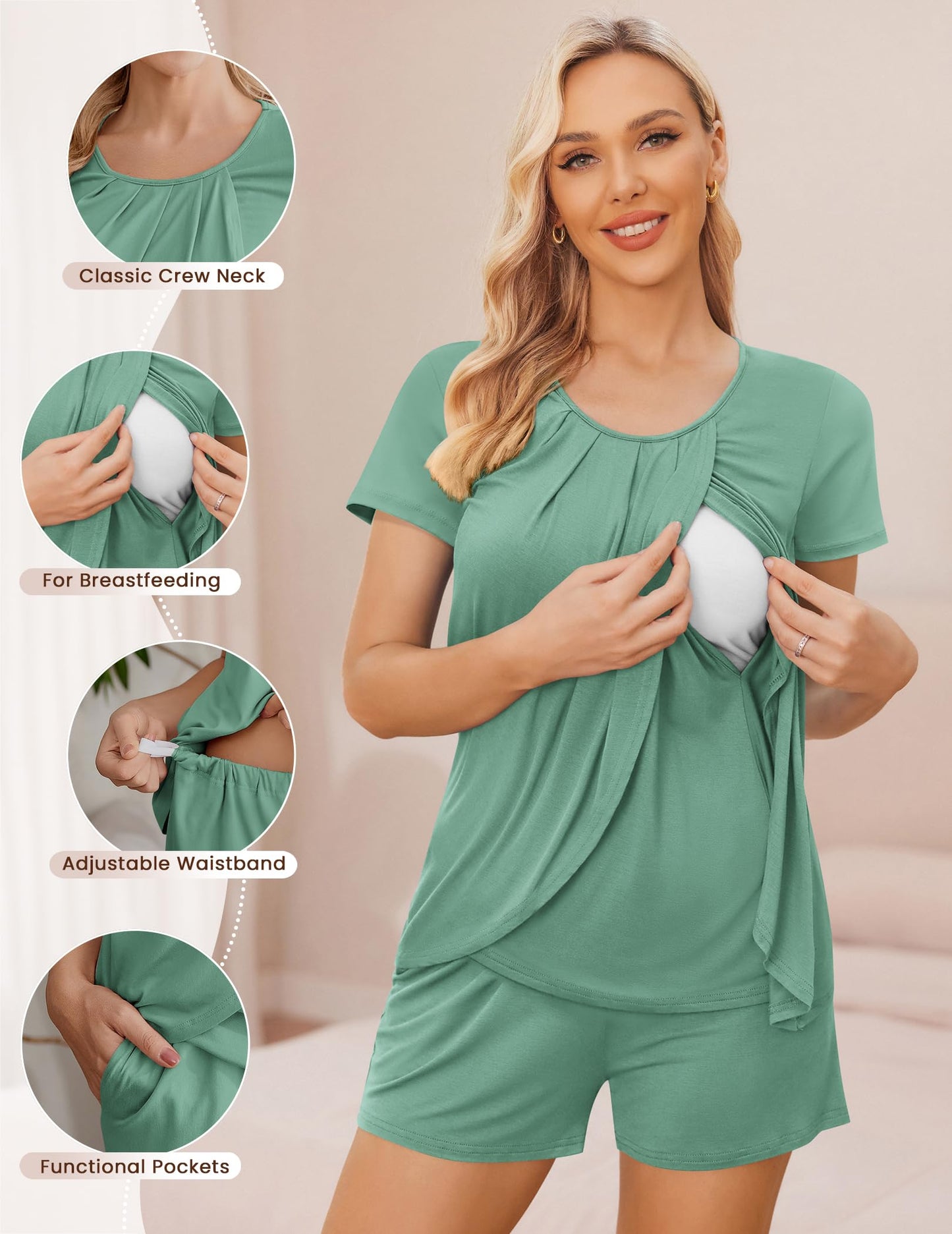Ekouaer Women's Maternity Nursing Pajamas Set Breastfeeding Sleepwear Double Layer Short Sleeve Top & Shorts Nursing Pjs