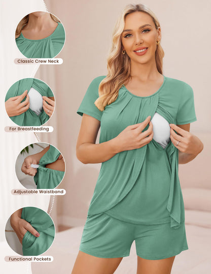 Ekouaer Women's Maternity Nursing Pajamas Set Breastfeeding Sleepwear Double Layer Short Sleeve Top & Shorts Nursing Pjs