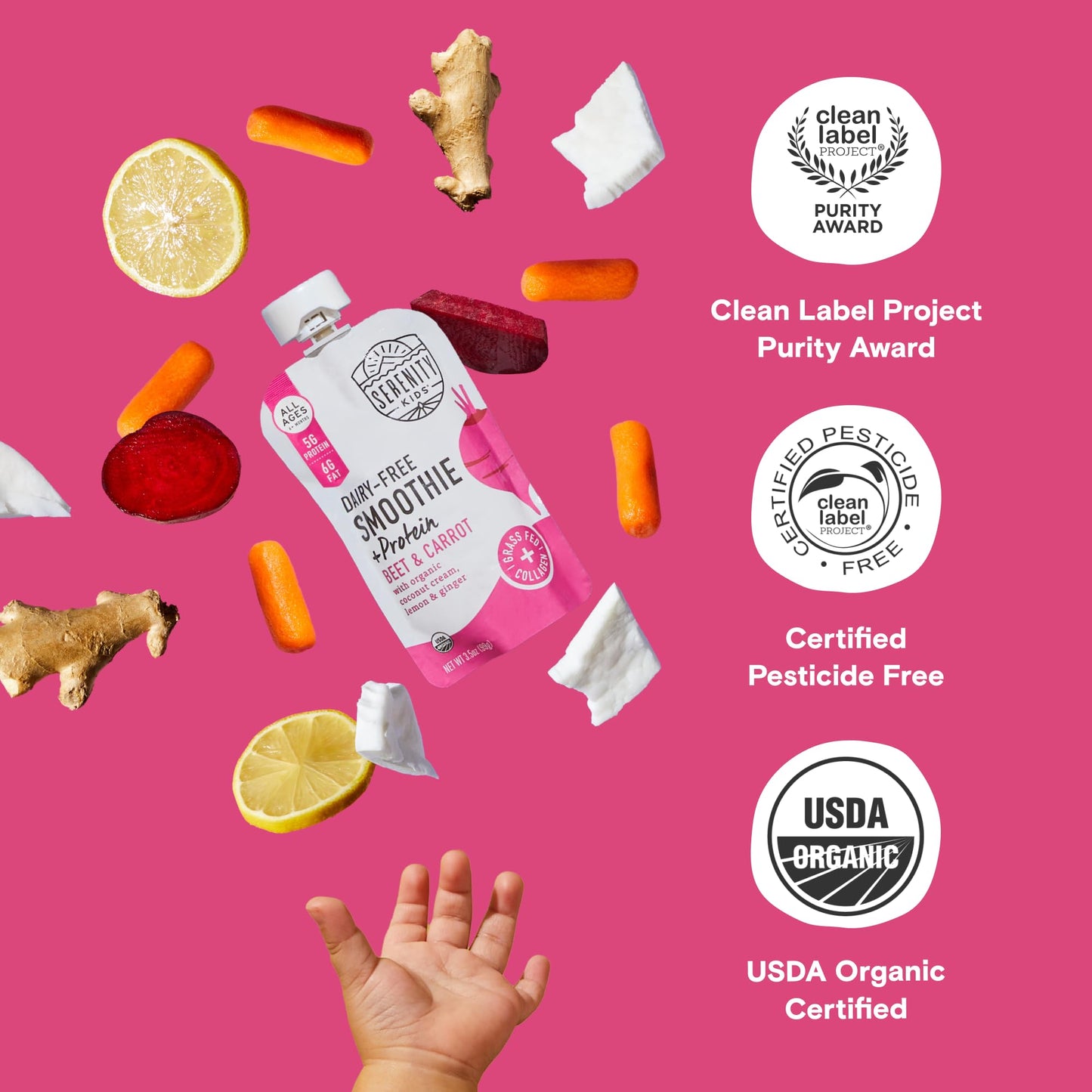 Serenity Kids 6+ Months Dairy-Free Smoothie Baby Food | USDA Organic | Grass Fed Collagen Protein | 3.5 Ounce BPA-Free Pouch | Berry Butternut | 12 Count