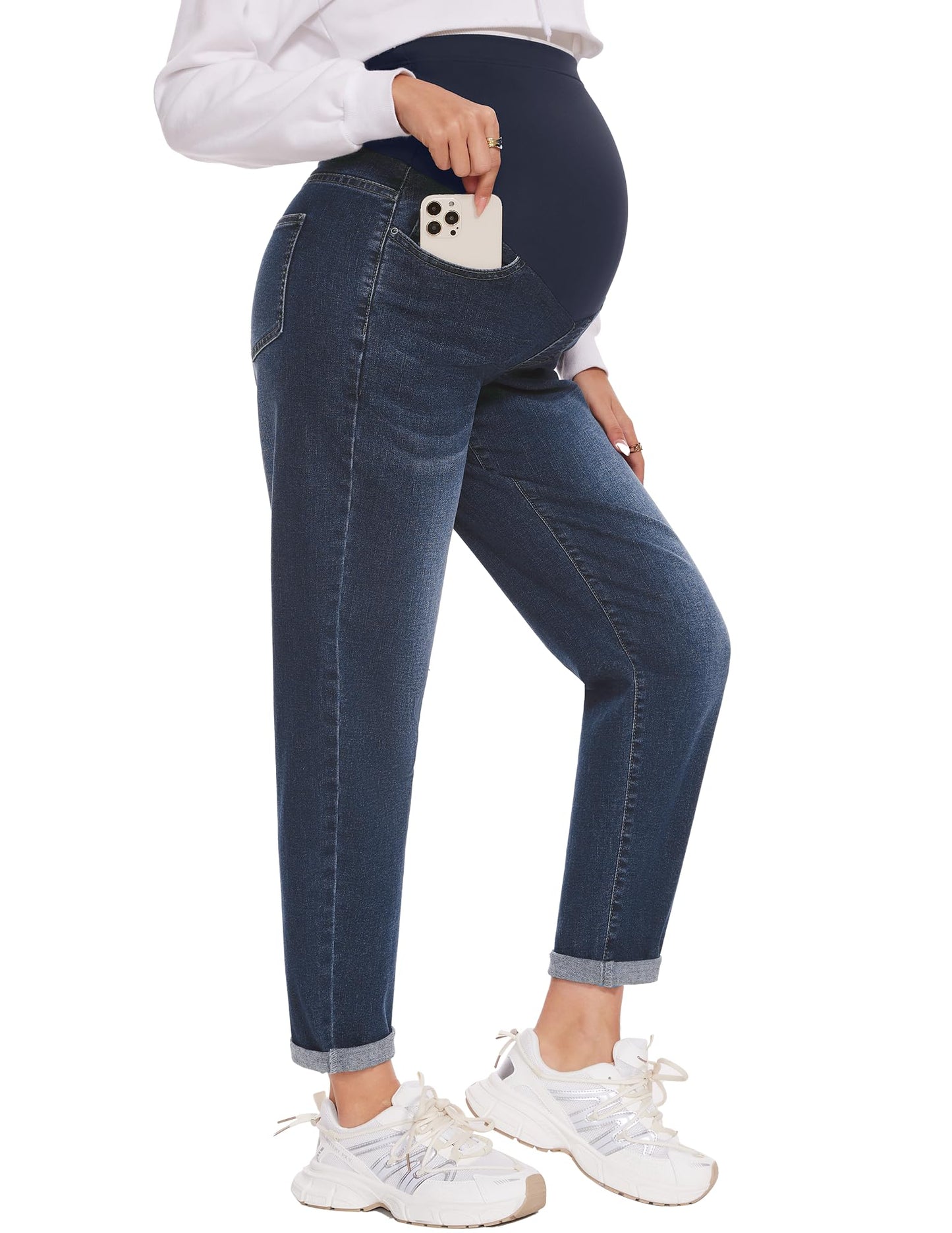 POSHGLAM Women's Maternity Jeans Over Belly Comfy Stretch Boyfriend Jeans Loose Pregnancy Pants, S-XXL