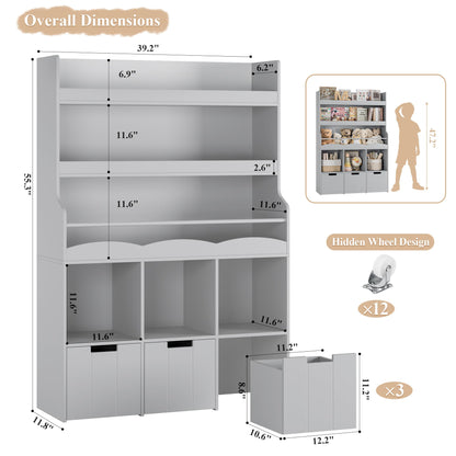 HITHOS 55.3" H Kids Bookshelf with Toy Storage Organizer, Tall Book Shelf with 3 Movable Toy Storage Bins, Large Kids Bookcase with Toy Chest, 39.2" W Modern Toy Box for Kids Room, Playroom, White