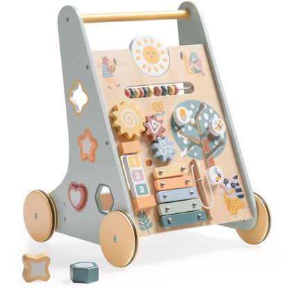 ROBUD Wooden Baby Walker, Baby Push Walker with Activity Center and Storage, Montessori Walker Toy for Boys and Girls Learning to Stand and Walk, Pink