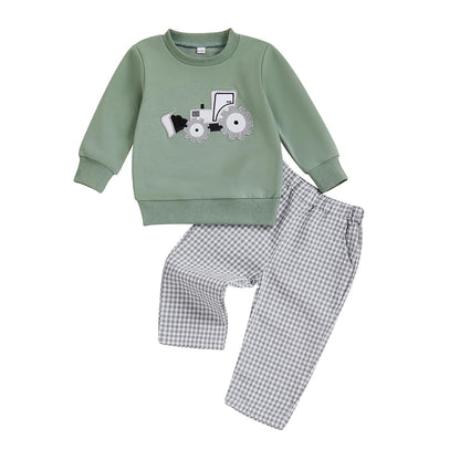 Toddler Baby Boy Fall Winter Outfit Long Sleeve Excavator Embroidery Pullover Plaid Wide Leg Pants Infant Clothes