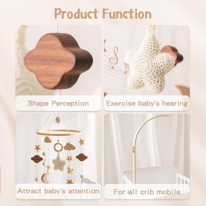 Baby Crib Mobile for Boys Girls| Boho Nursery Mobile| Gender Neutral Hand-Crocheted Mobile| Ceiling Mobile - Stars, Clouds, Moon